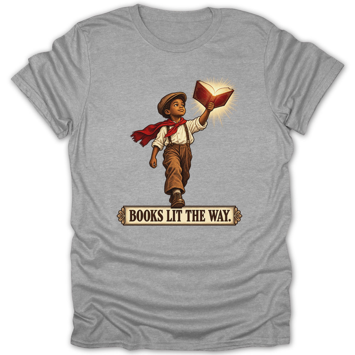 Boy in vintage clothing holds up glowing book with text "BOOKS LIT THE WAY."