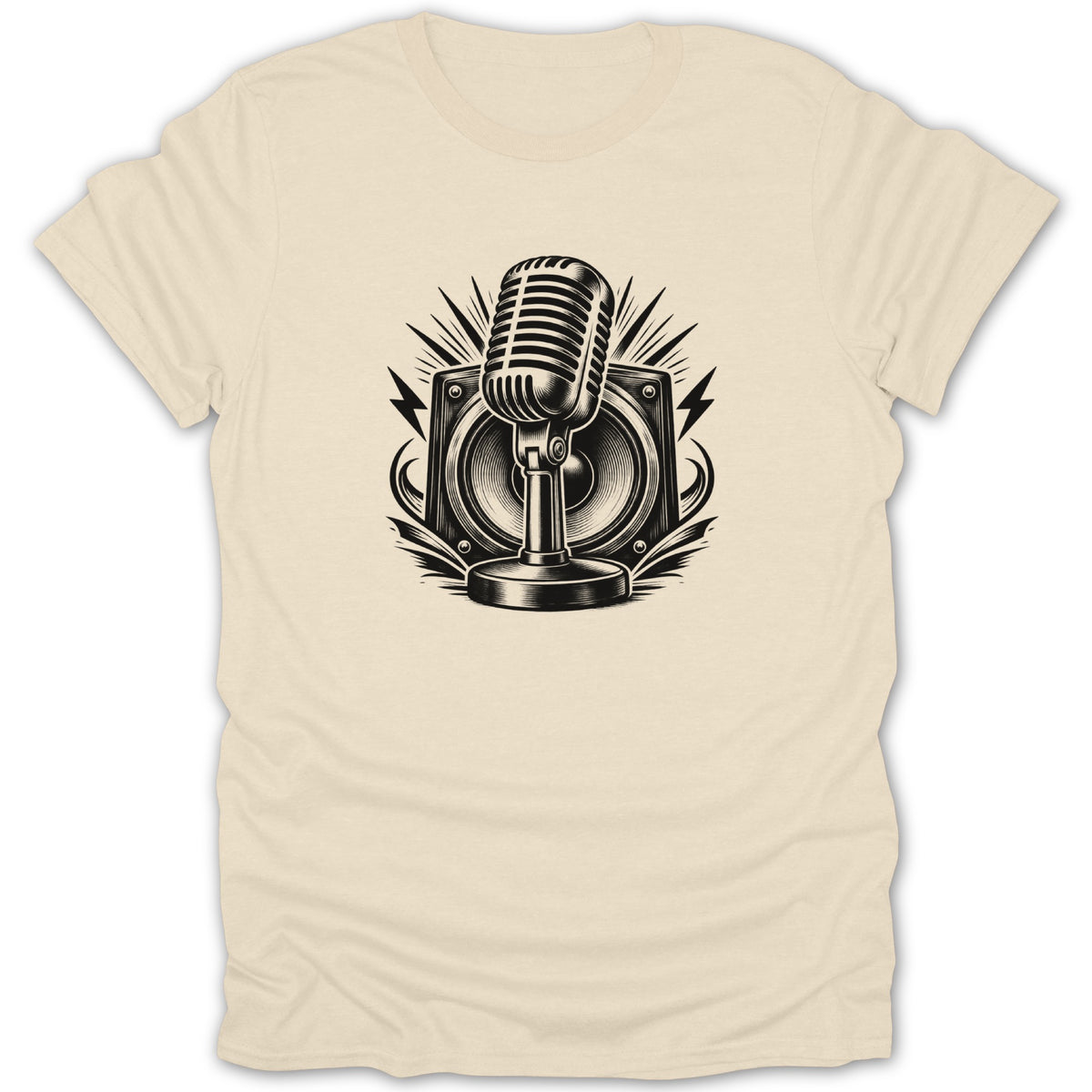 Black and white retro microphone and speaker graphic on a light cream t-shirt.