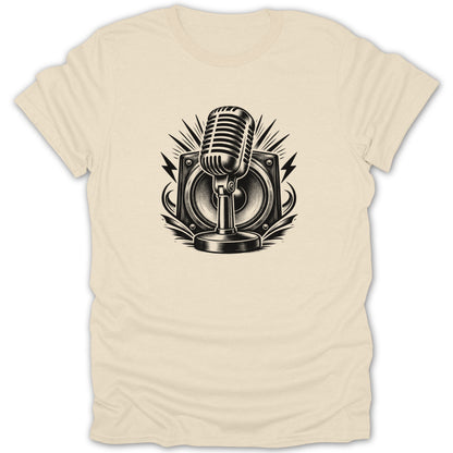 Black and white retro microphone and speaker graphic on a light cream t-shirt.