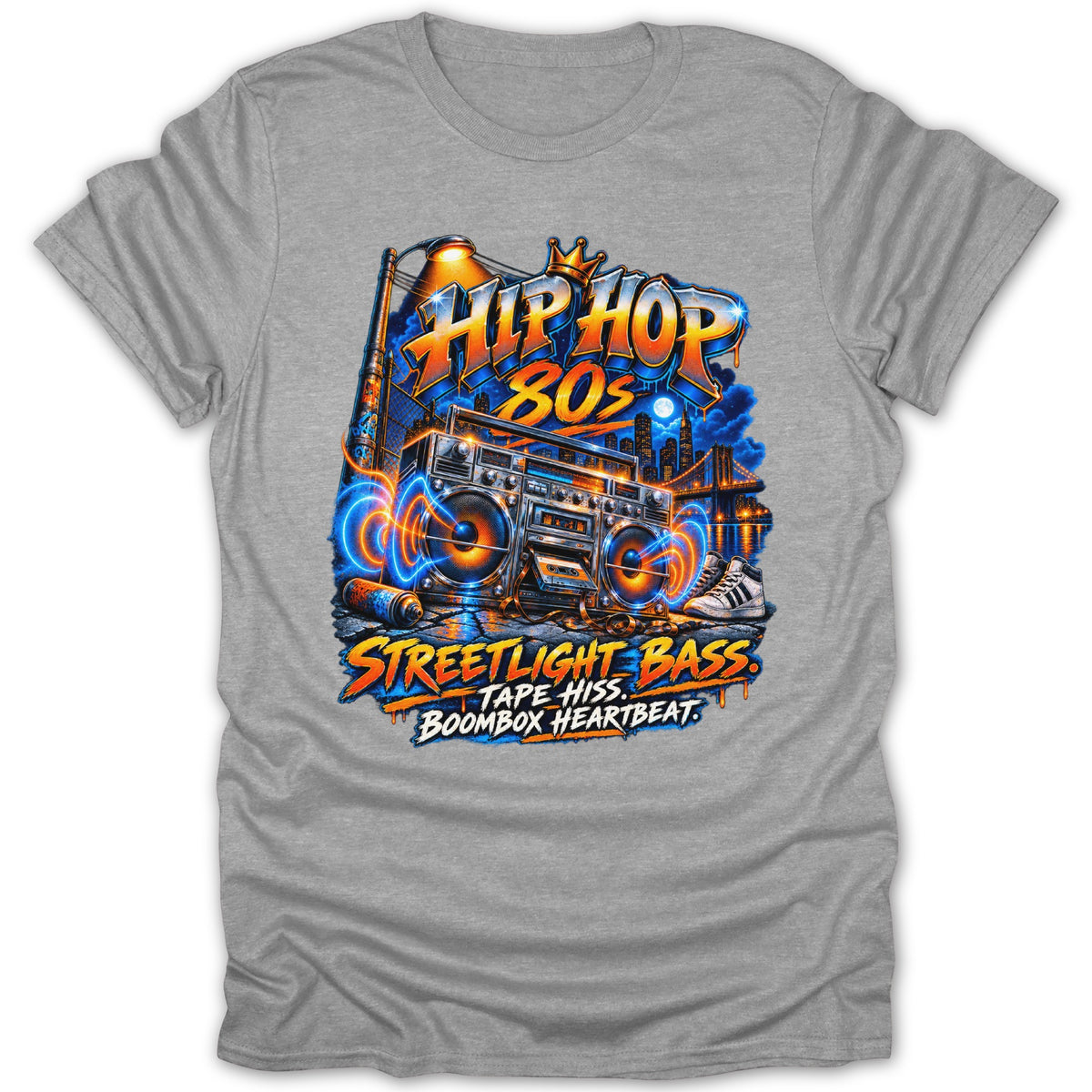 Graffiti-style graphic with boombox, sneakers, and text "HIP HOP 80s", "STREETLIGHT BASS", "TAPE HISS", "BOOMBOX HEARTBEAT".