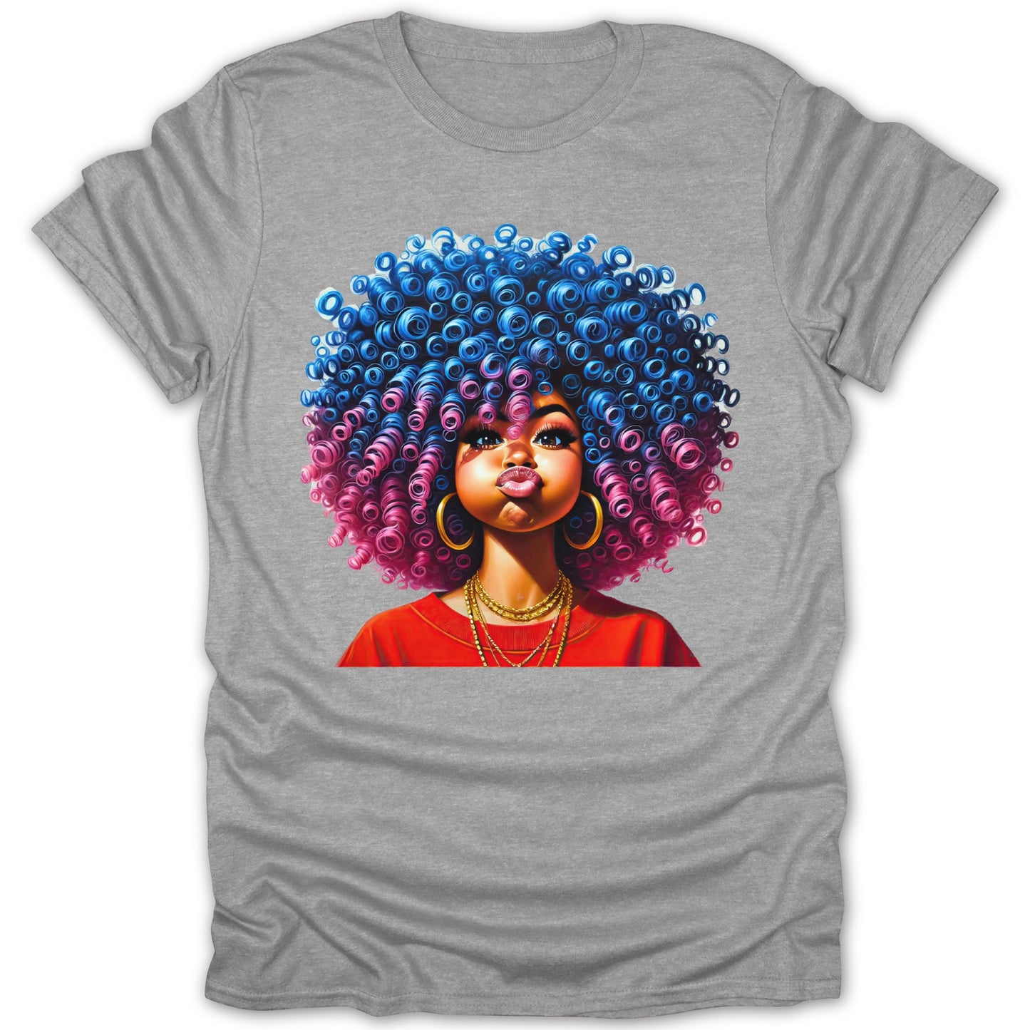 Vibrant Curly-Haired Woman Art on Grey Shirt product type