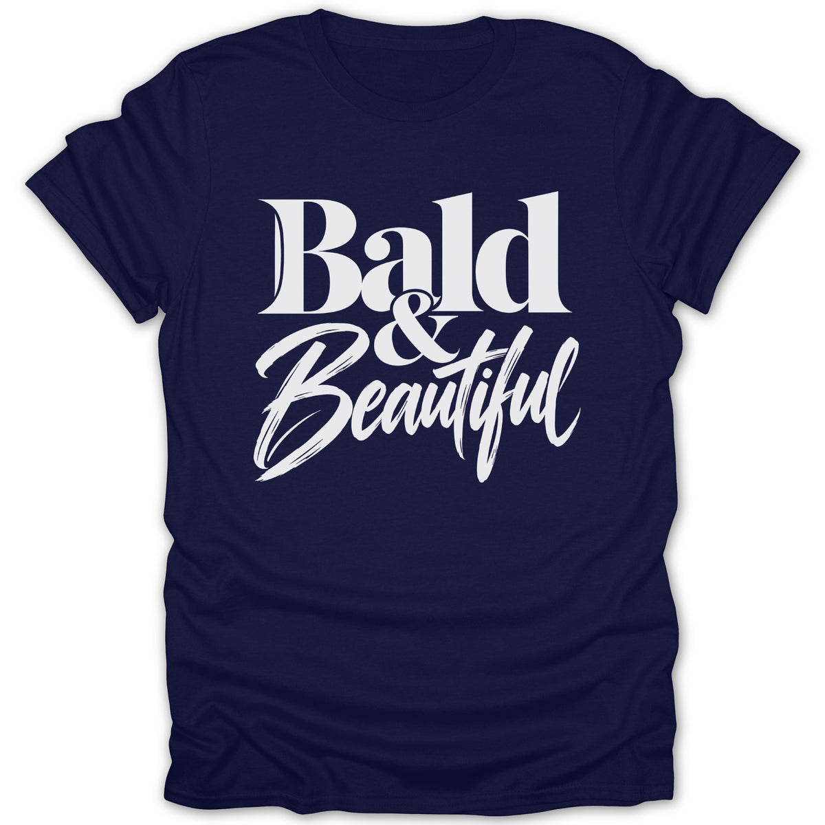 Navy t-shirt with "Bald & Beautiful" text in white.