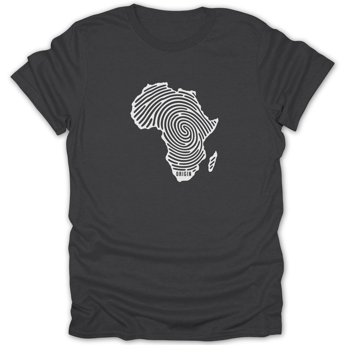 A dark gray crewneck t-shirt featuring a white fingerprint graphic shaped like the continent of Africa with the word ORIGIN printed near the bottom.