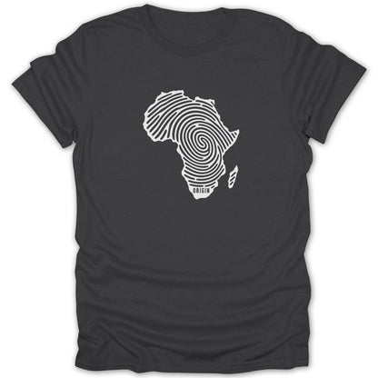 A dark gray crewneck t-shirt featuring a white fingerprint graphic shaped like the continent of Africa with the word ORIGIN printed near the bottom.