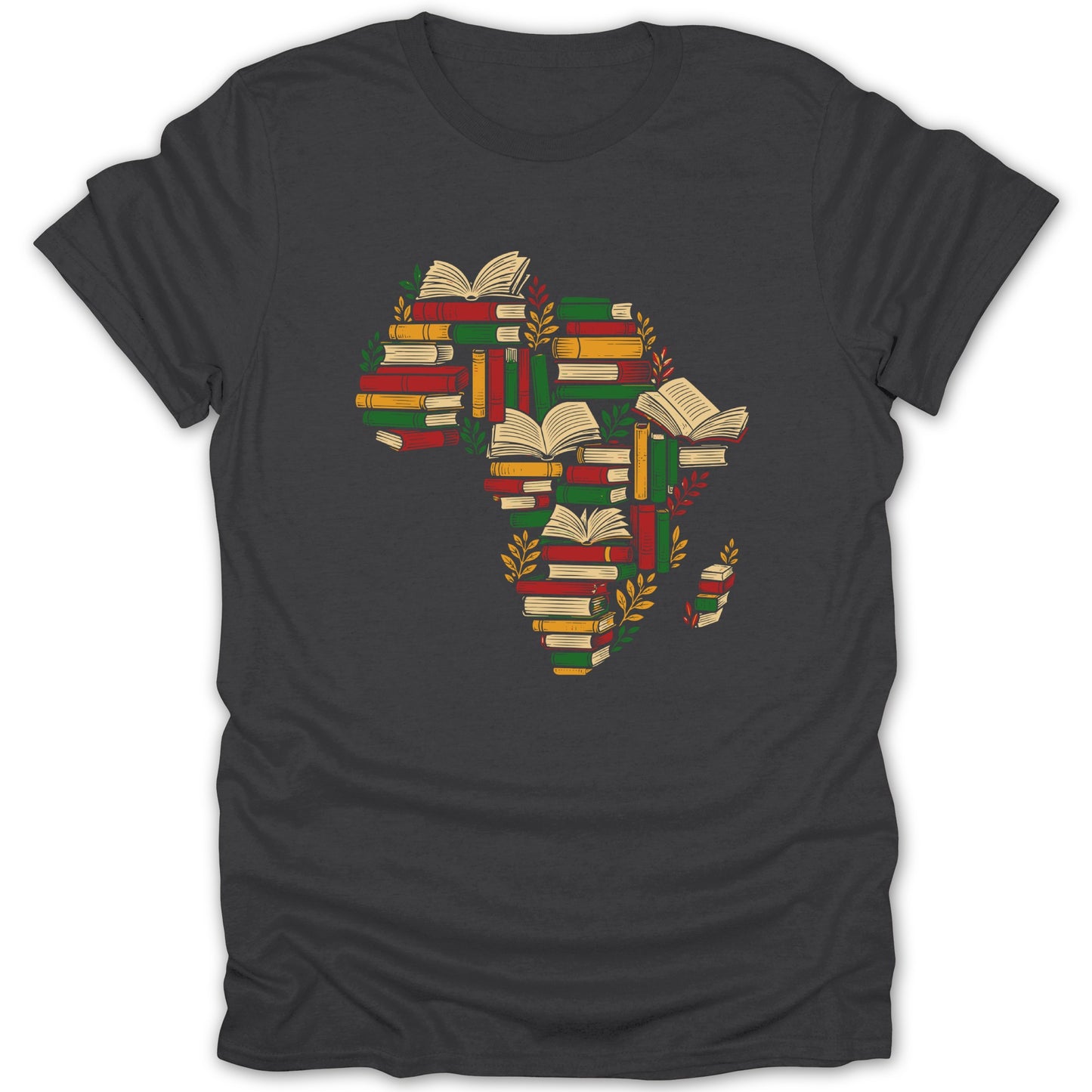 Dark t-shirt with Africa map formed by stacked books and foliage.