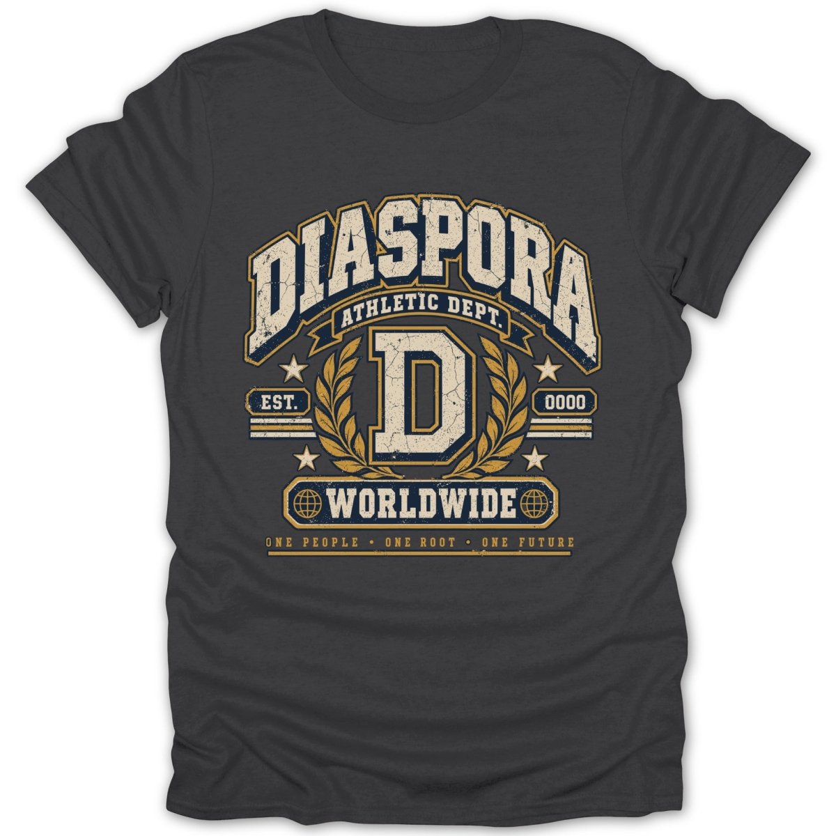 Dark grey t-shirt with "DIASPORA ATHLETIC DEPT." and a large "D".