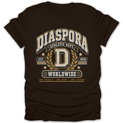 Brown t-shirt with distressed "Diaspora Athletic Dept." text, globe, and "Worldwide" design.
