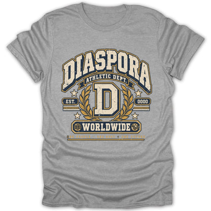 Grey t-shirt with "DIASPORA ATHLETIC DEPT. WORLDWIDE" text and distressed graphic.
