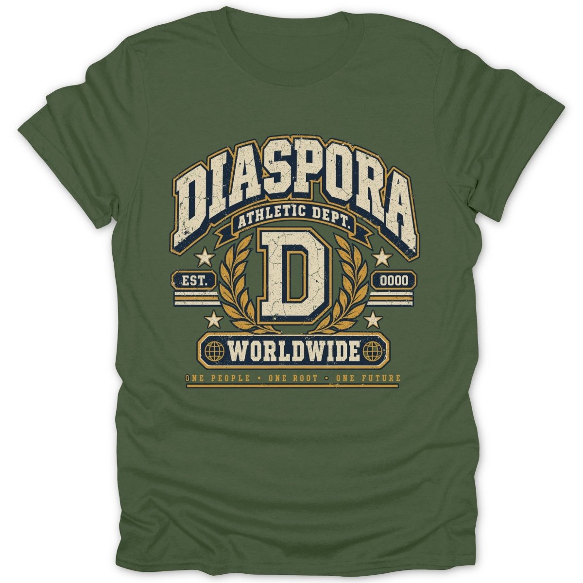 Green t-shirt with "DIASPORA ATHLETIC DEPT." graphic, featuring a large "D" and "WORLDWIDE".