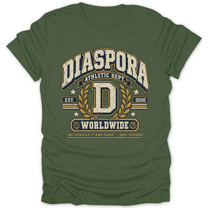 Green t-shirt with "DIASPORA ATHLETIC DEPT." graphic, featuring a large "D" and "WORLDWIDE".