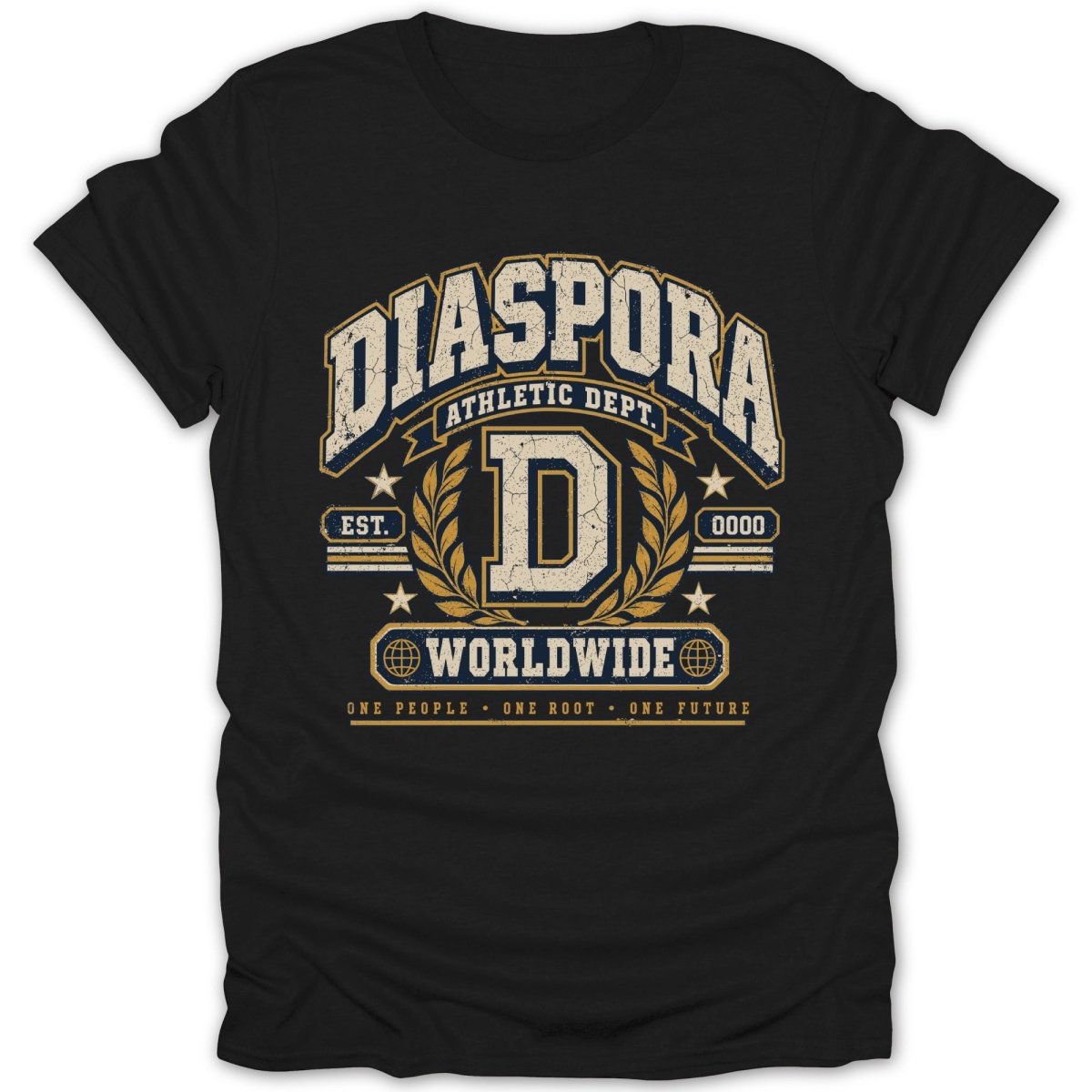 Black t-shirt with "DIASPORA ATHLETIC DEPT. WORLDWIDE" text and vintage athletic design.
