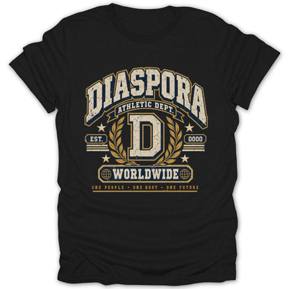 Black t-shirt with "DIASPORA ATHLETIC DEPT. WORLDWIDE" text and vintage athletic design.