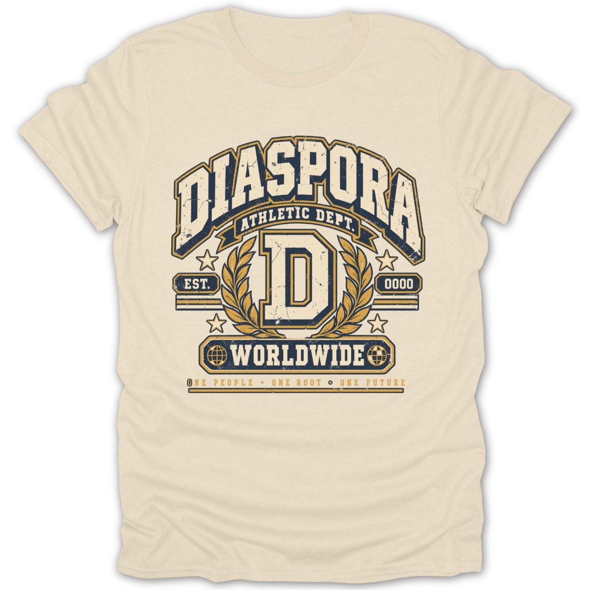 Cream t-shirt with "DIASPORA ATHLETIC DEPT." text and laurel wreath design.