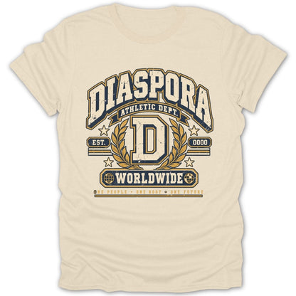 Cream t-shirt with "DIASPORA ATHLETIC DEPT." text and laurel wreath design.