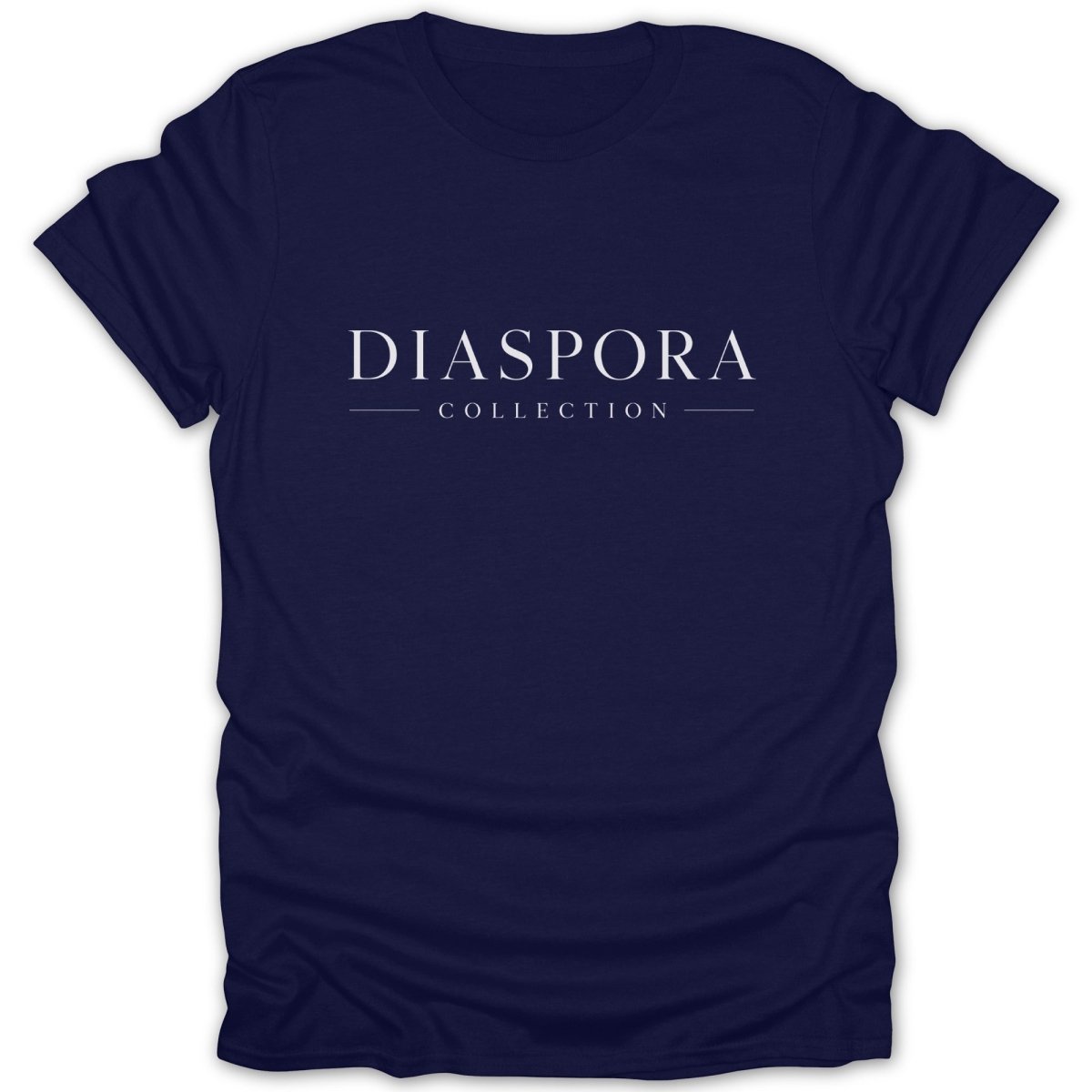 Navy t-shirt with white text that reads "DIASPORA COLLECTION".