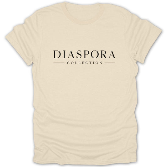 Cream t-shirt with black text "DIASPORA COLLECTION"
