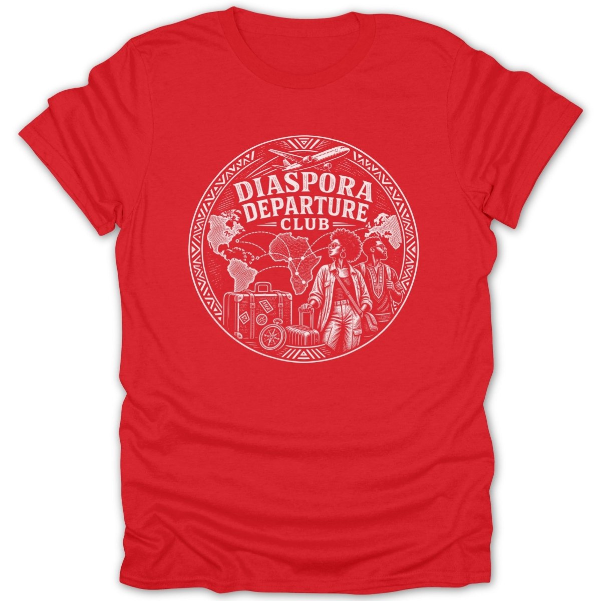 Red t-shirt with white circular graphic featuring "Diaspora Departure Club", a globe, and travelers.