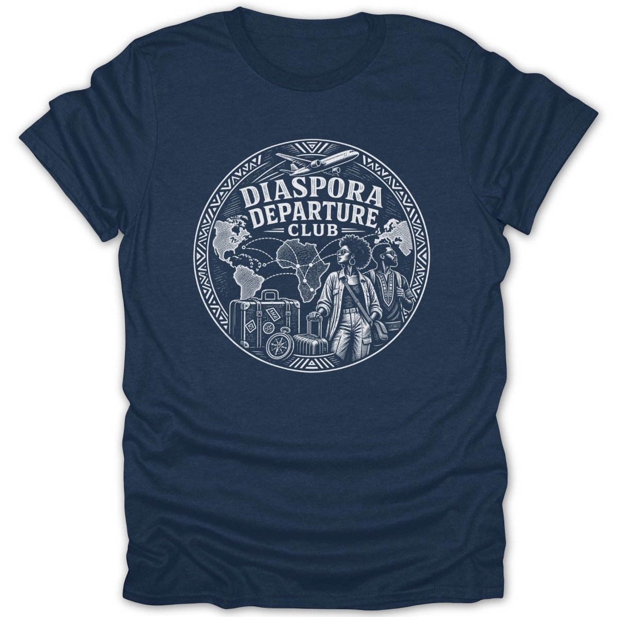 Navy t-shirt with "Diaspora Departure Club" graphic featuring world maps, airplane, luggage, and people.