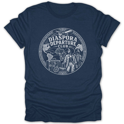 Navy t-shirt with "Diaspora Departure Club" graphic featuring world maps, airplane, luggage, and people.