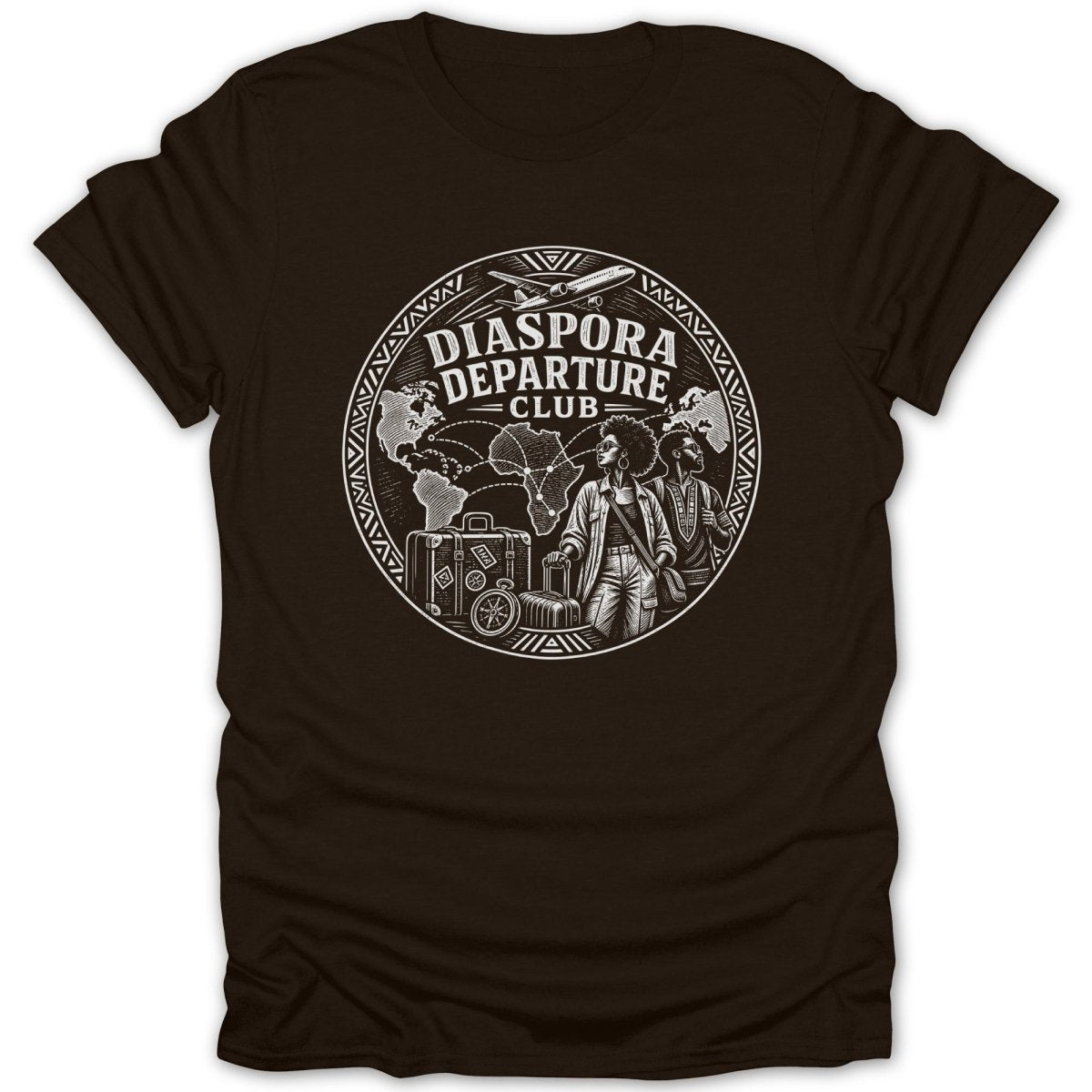 Diaspora Departure Club black t-shirt with round graphic featuring an airplane and people.