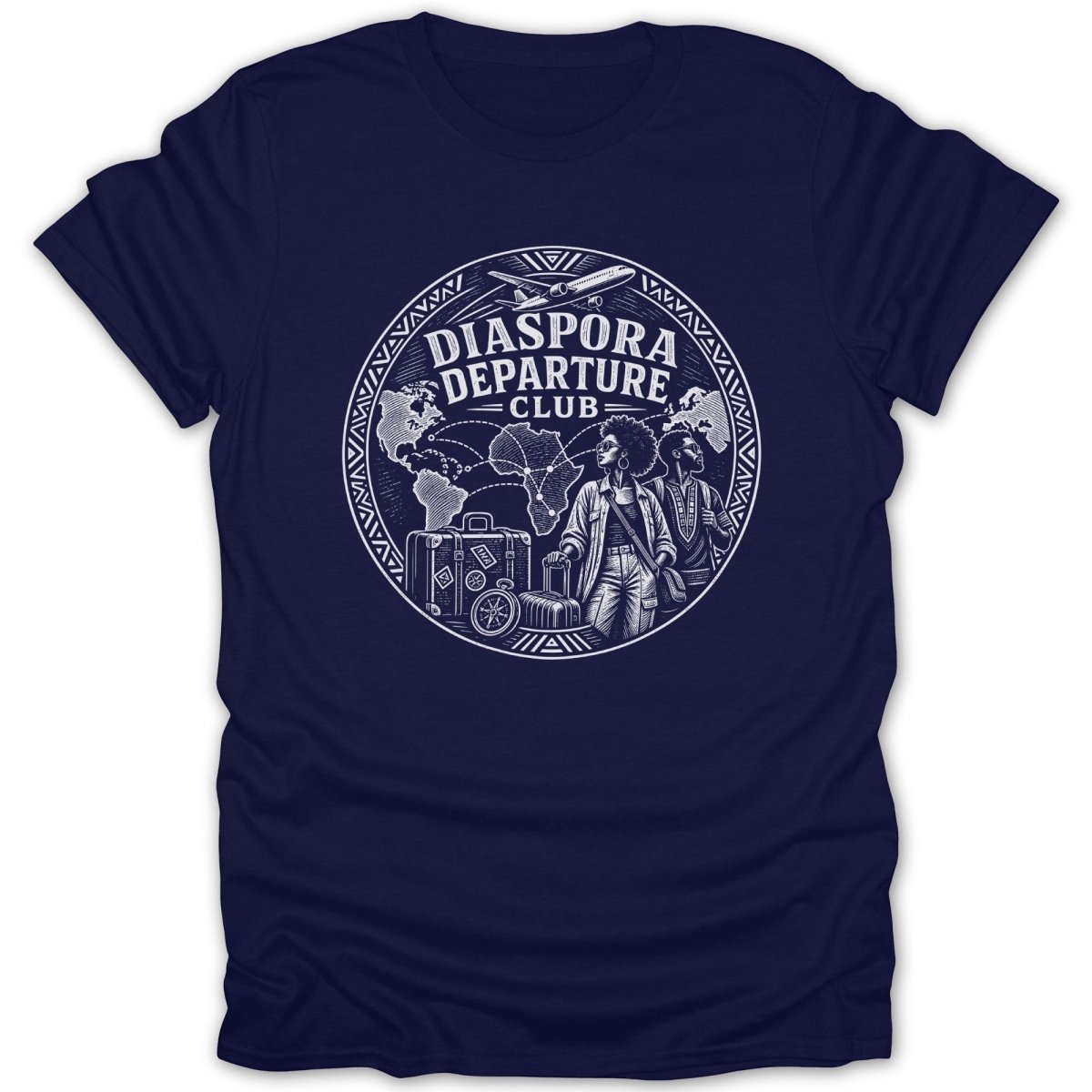 Navy t-shirt with "Diaspora Departure Club" circular graphic featuring world map, people, and luggage.