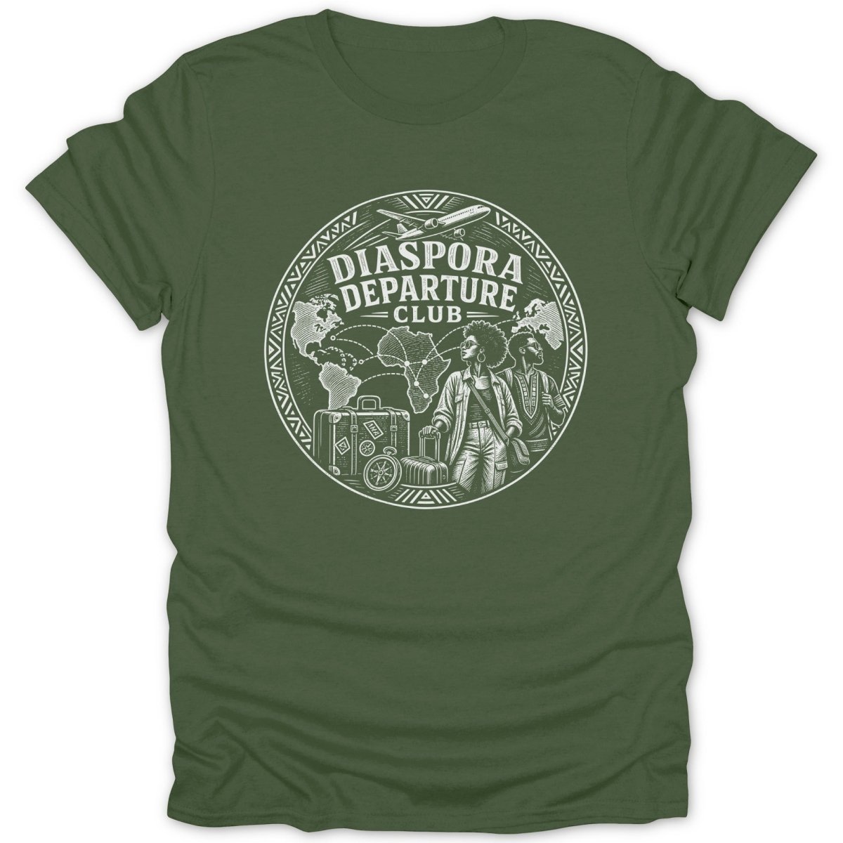 T-shirt with "Diaspora Departure Club" graphic featuring people, luggage, and world maps.