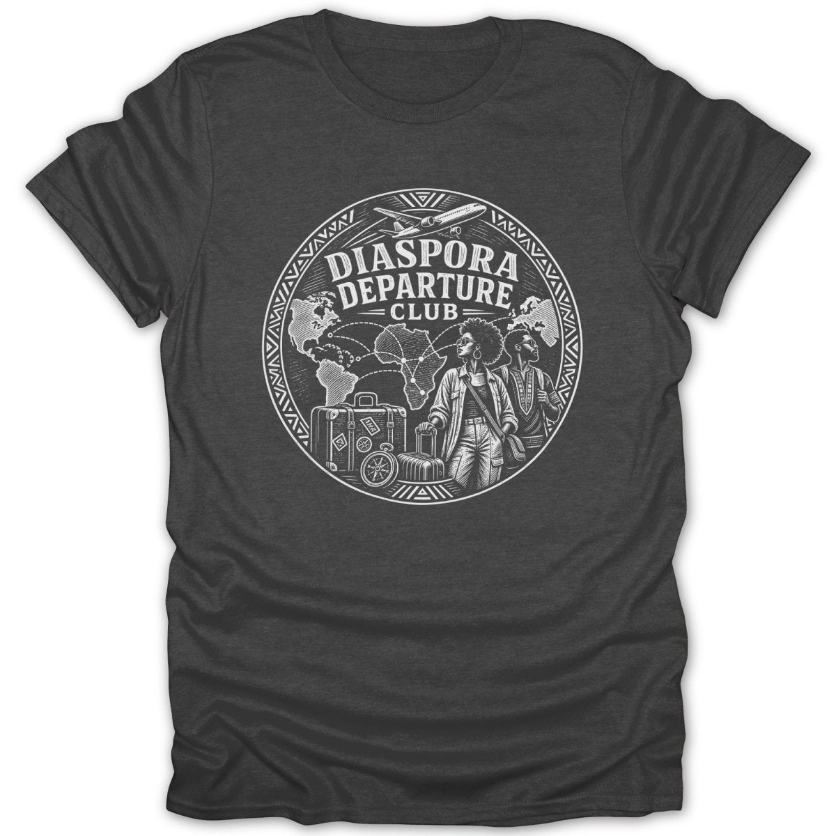 Diaspora Departure Club graphic on dark t-shirt with figures, luggage, and world map.