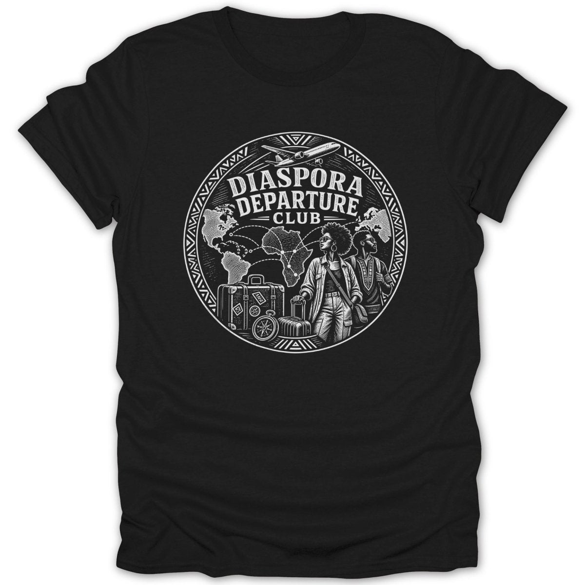 Black t-shirt with "Diaspora Departure Club" circular graphic showing people traveling.