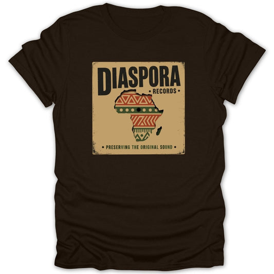 Brown t-shirt with a distressed graphic of Africa for Diaspora Records.