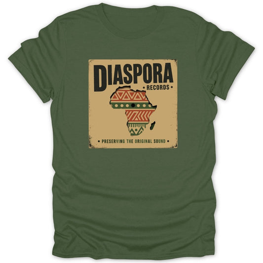 Green t-shirt with "DIASPORA RECORDS PRESERVING THE ORIGINAL SOUND" text and Africa outline.