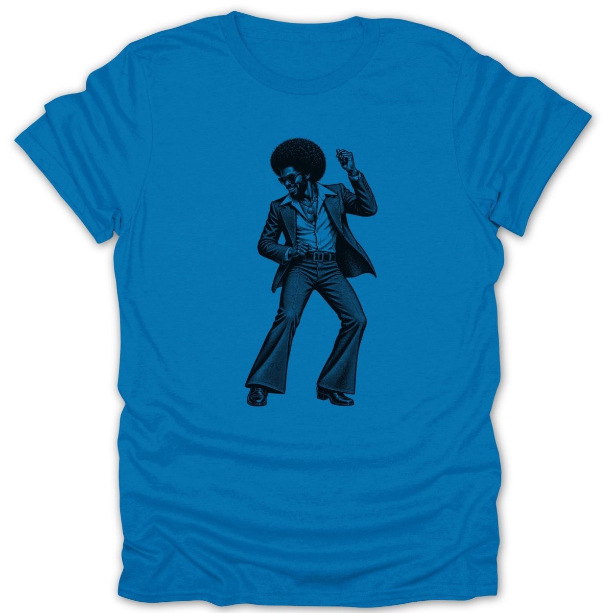 T-shirt with black graphic of a man with an afro dancing in a suit.