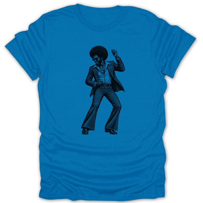 T-shirt with black graphic of a man with an afro dancing in a suit.
