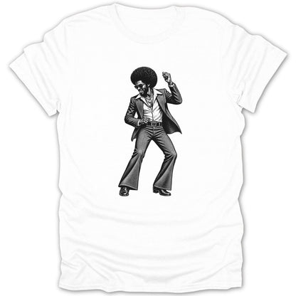 Black and white illustration of a man with an afro dancing in bell-bottom suit.