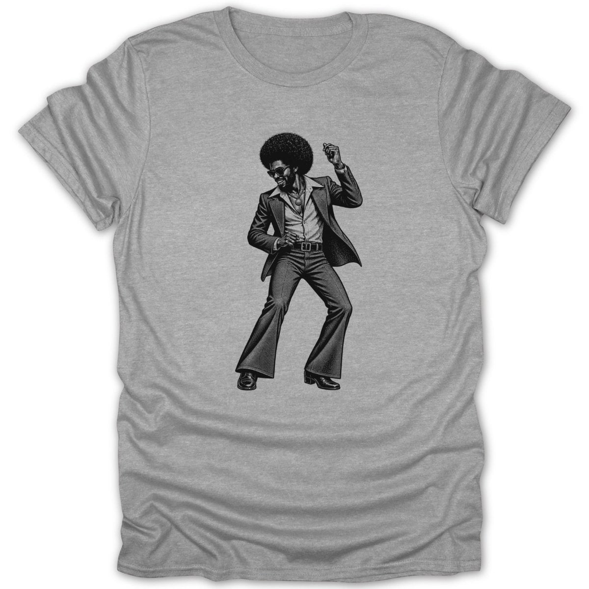 Black and white graphic of a man with an afro dancing in a suit and bell-bottoms.