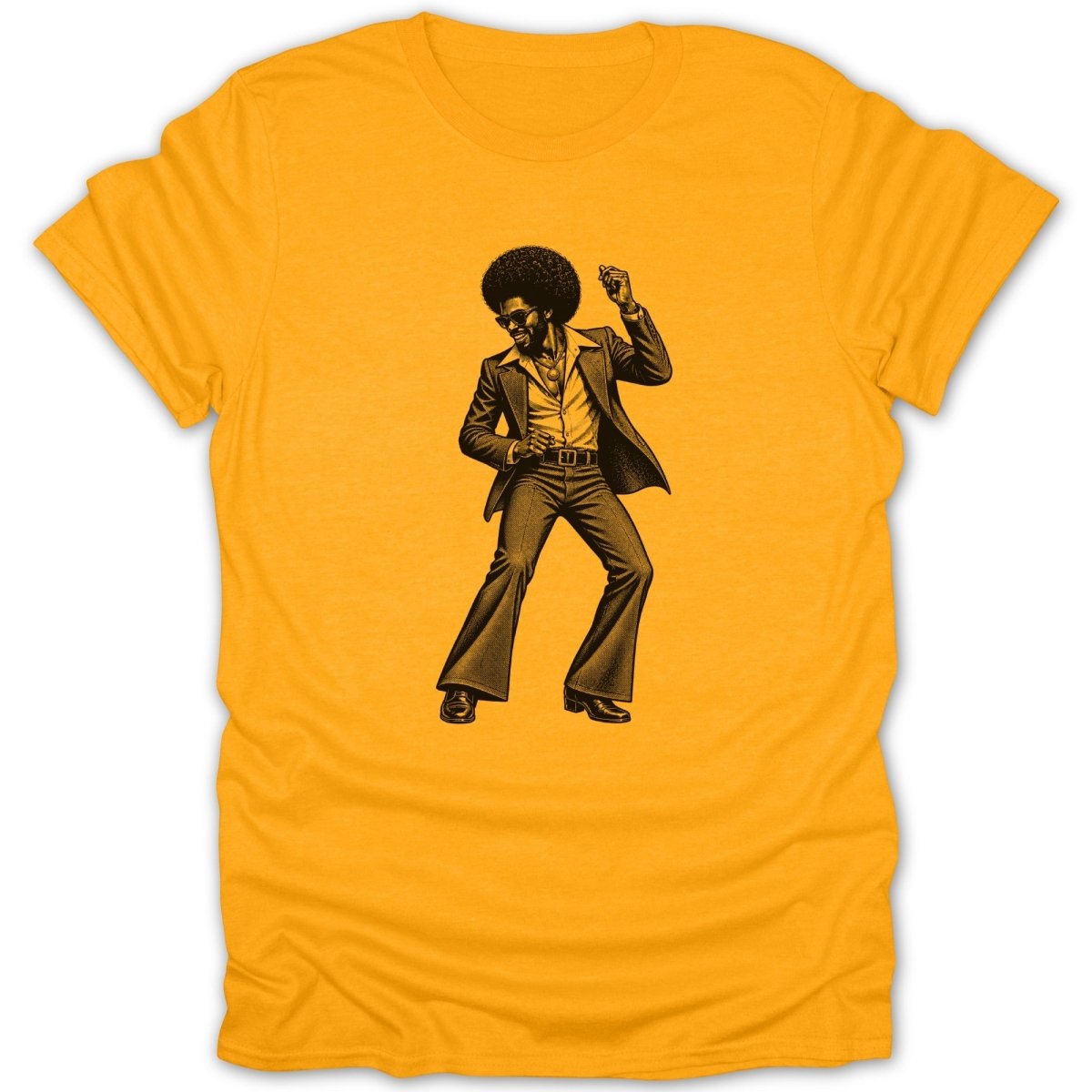 Graphic of a man with an afro dancing in bell-bottom pants and a suit.