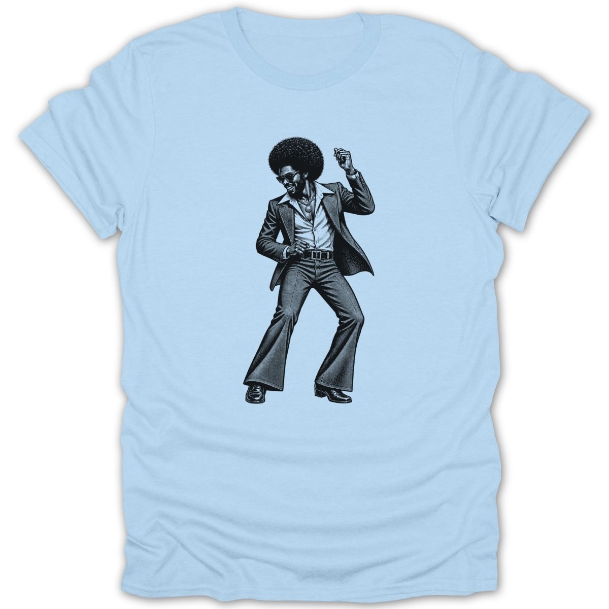 Black and white illustration of a man dancing in a bell-bottom suit and afro.