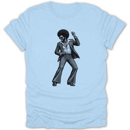 Black and white illustration of a man dancing in a bell-bottom suit and afro.