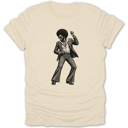 Black and white illustration of a man with an afro dancing in bell-bottoms and a suit.