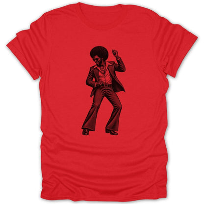 T-shirt with a red disco dancer graphic in black outline.