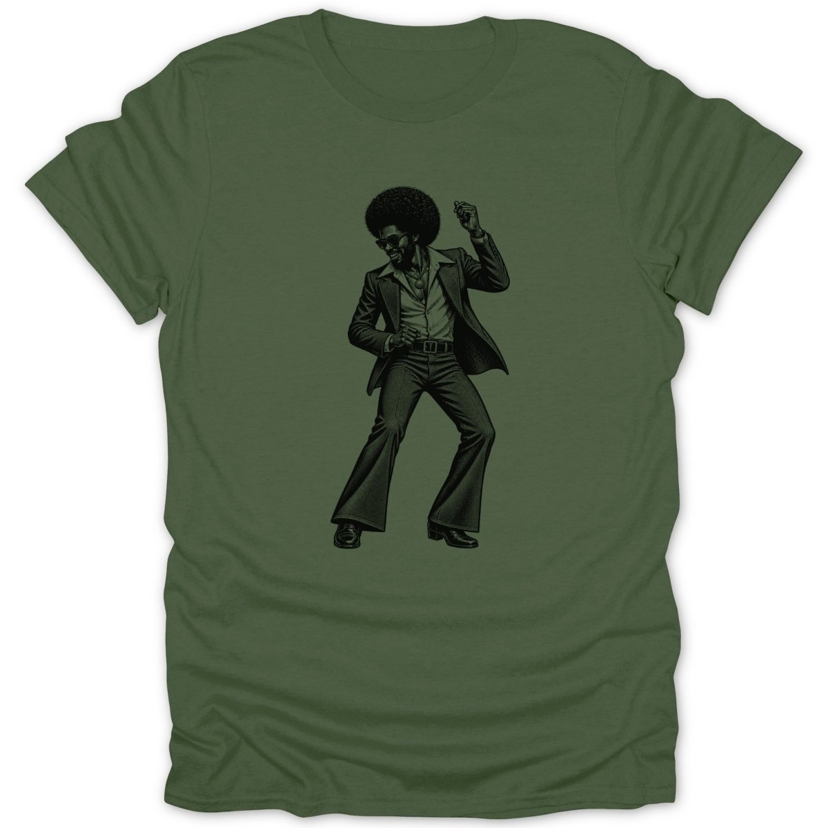 Man with afro dancing in a suit on a green t-shirt.
