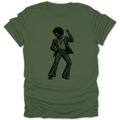Man with afro dancing in a suit on a green t-shirt.