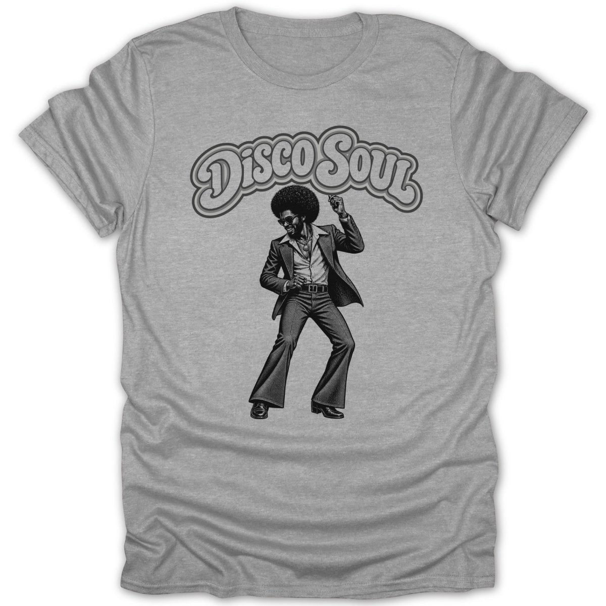 Man in disco suit dancing below "Disco Soul" text.