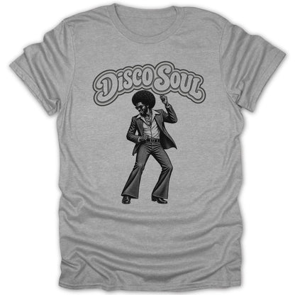 Man in disco suit dancing below "Disco Soul" text.