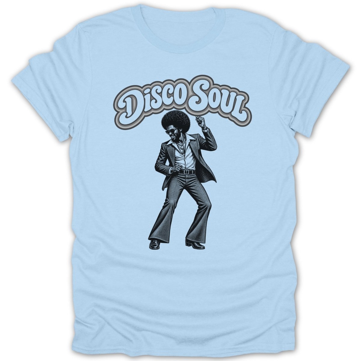 Disco Soul graphic on a light blue t-shirt featuring a man dancing.
