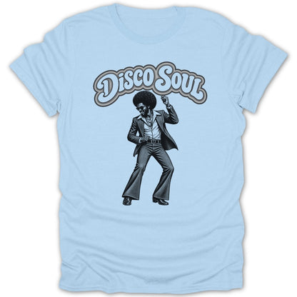 Disco Soul graphic on a light blue t-shirt featuring a man dancing.