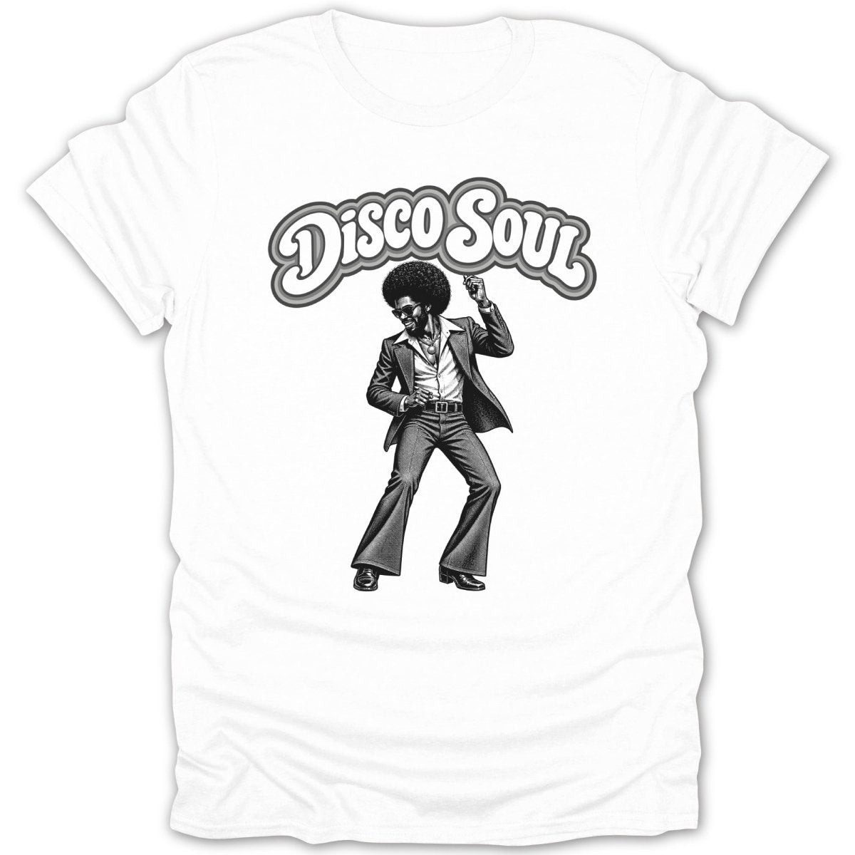 Disco Soul graphic on a white t-shirt with a dancing man.