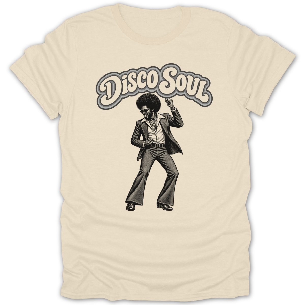 Disco Soul graphic on a light beige t-shirt featuring a man dancing.
