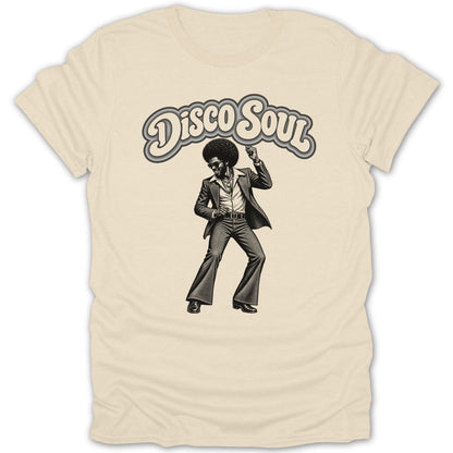 Disco Soul graphic on a light beige t-shirt featuring a man dancing.
