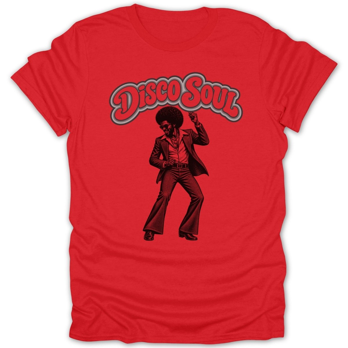 Red t-shirt with "Disco Soul" text and a man in a disco suit dancing.