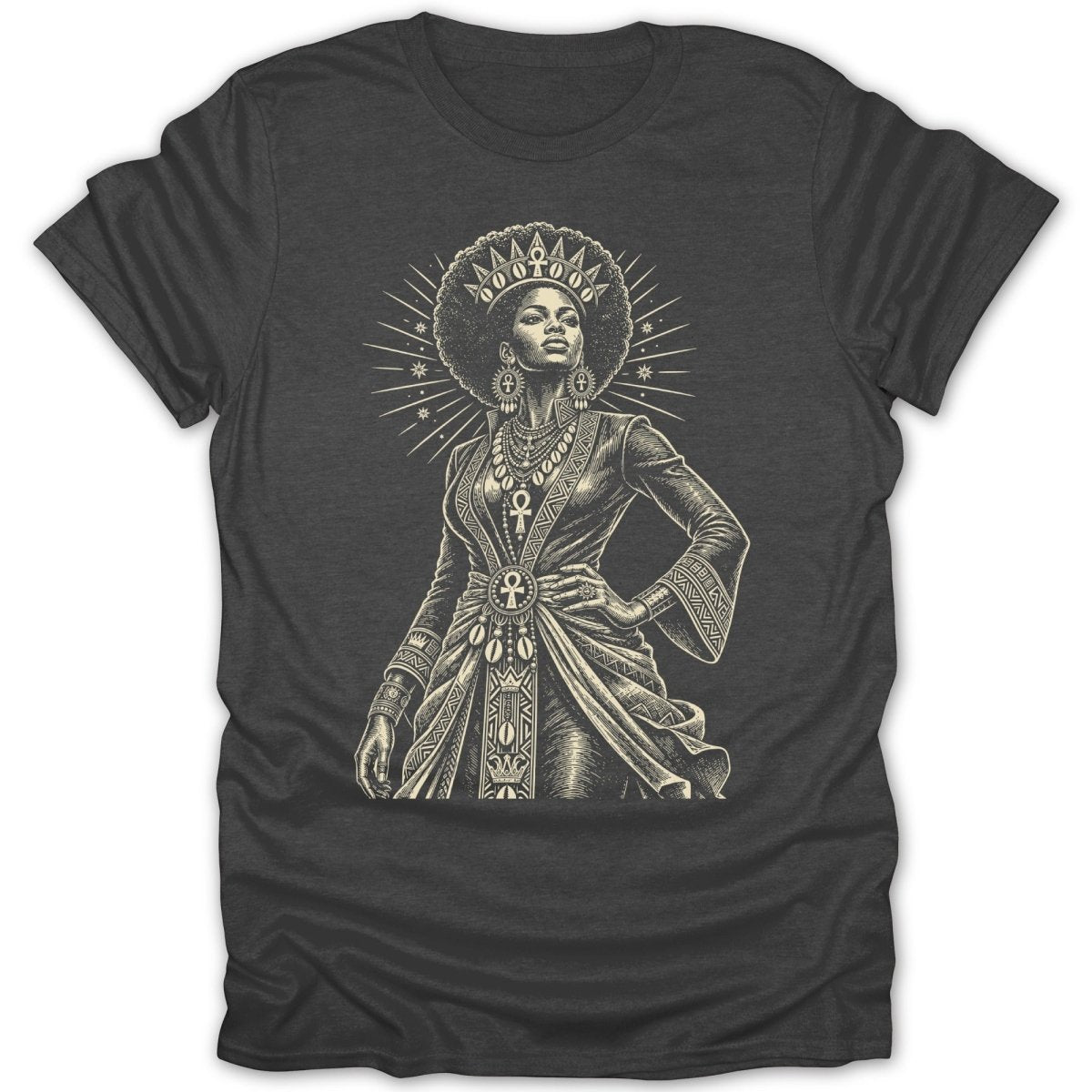 Stylized drawing of a regal Black woman with an afro and crown, wearing traditional attire.
